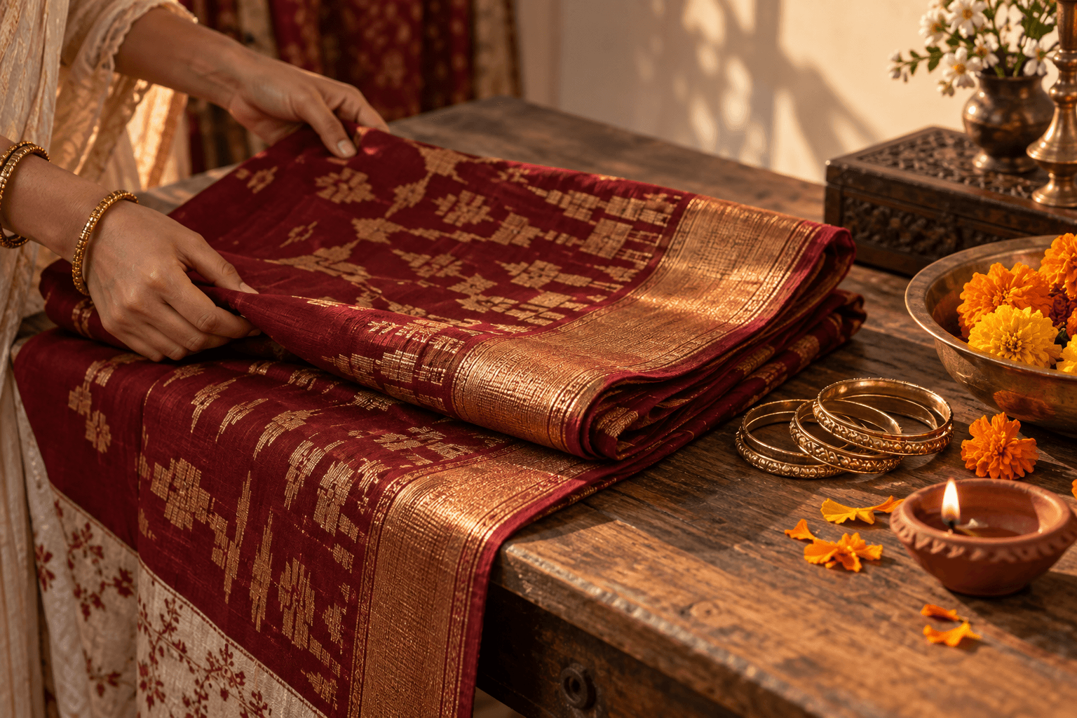 Deep red and gold Jamdani saree folded beside brass bangles