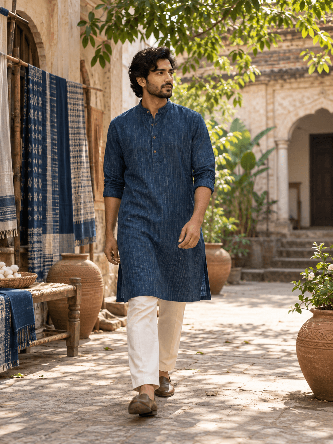 Bangladeshi man in an indigo panjabi in a courtyard