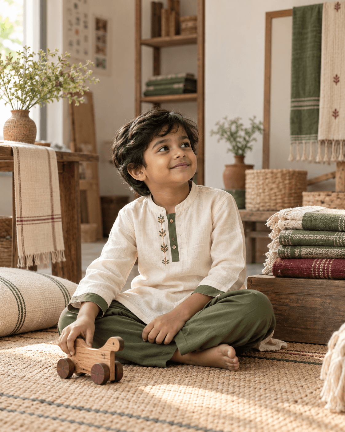Bangladeshi child in an ivory and olive kurta beside folded blankets