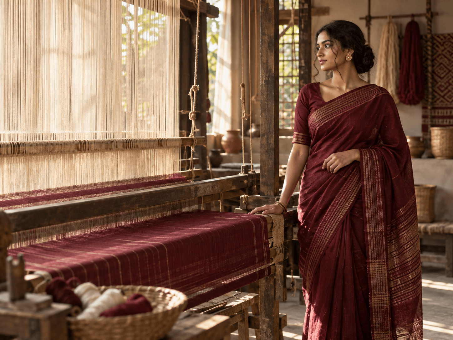 Bangladeshi woman in a wine saree beside a handloom