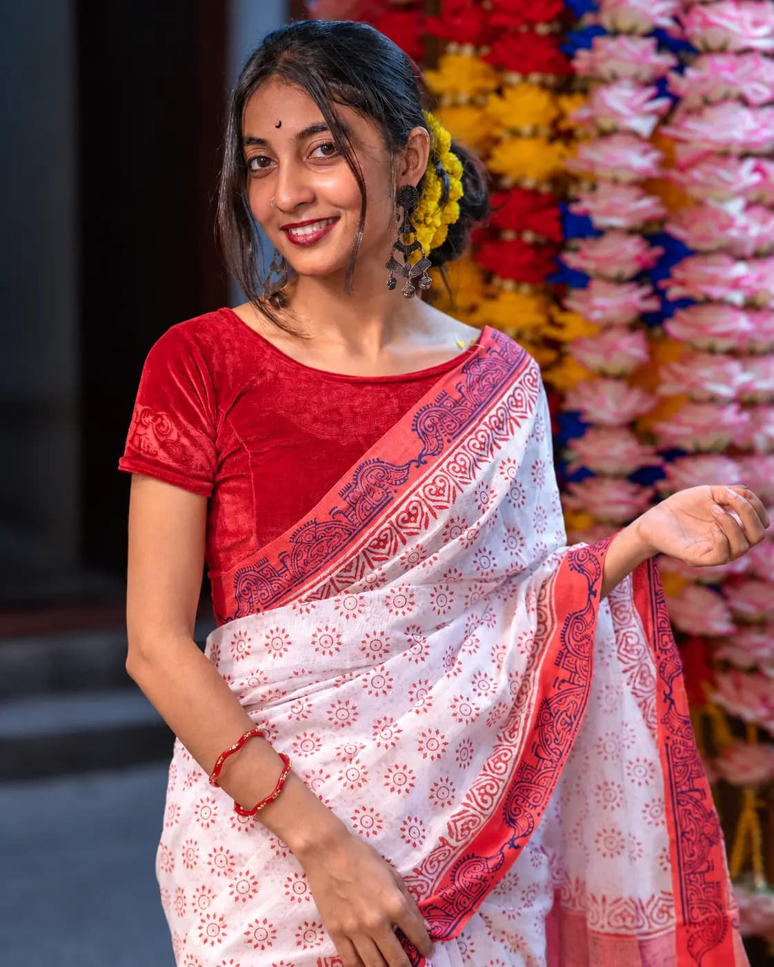 লালশুভ্র – Cotton Block Print Saree image 1